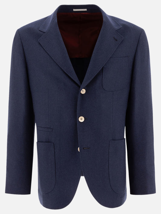 Brunello Cucinelli Wool, silk and cashmere diagonal deconstructed blazer with patch pockets Blue